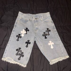Chrome Heart inspired Denim Shorts with Cross Patches Men 28